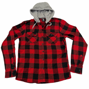 Amnesia Red Black Buffalo Plaid Men Small Button Up Shirt Top Grey Hood